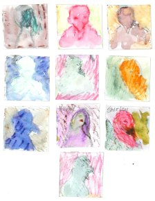 Teacher Mary Telfer (Illinois) cut 2" squares of watercolor paper for her students to paint turkeys. Artwork by Katrina Hertel.